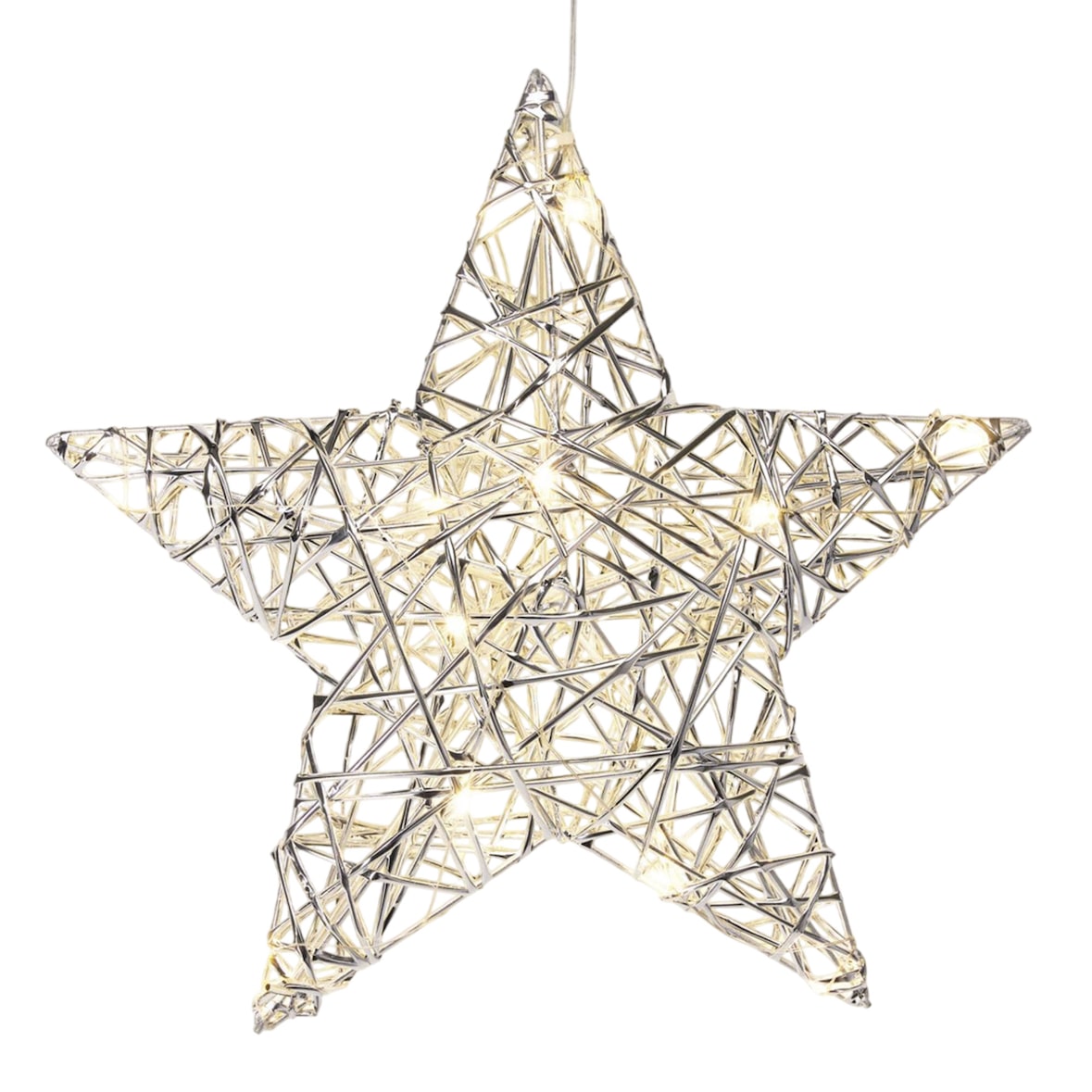 WellHome - Estrela de Natal prateada com 20 luzes LED brancas quentes 30x8x30cm