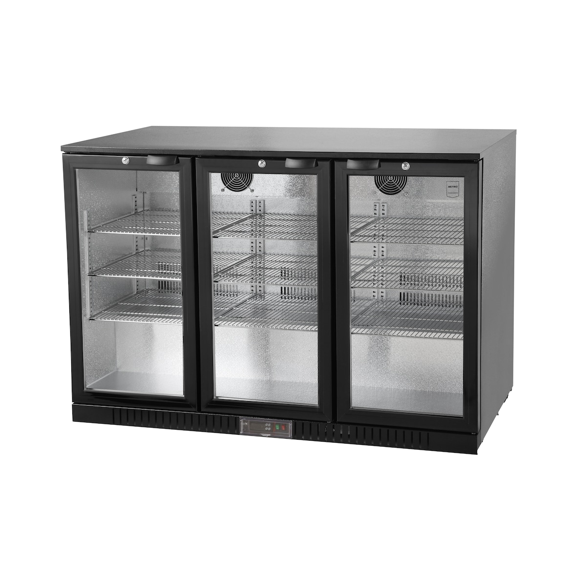 METRO Professional Frigo vetrina per bevande GBC3003, alluminio/vetro, 135x53x86.5cm, 308L, refrig. a ventola, 160W, con serratura, 3 porte, nero