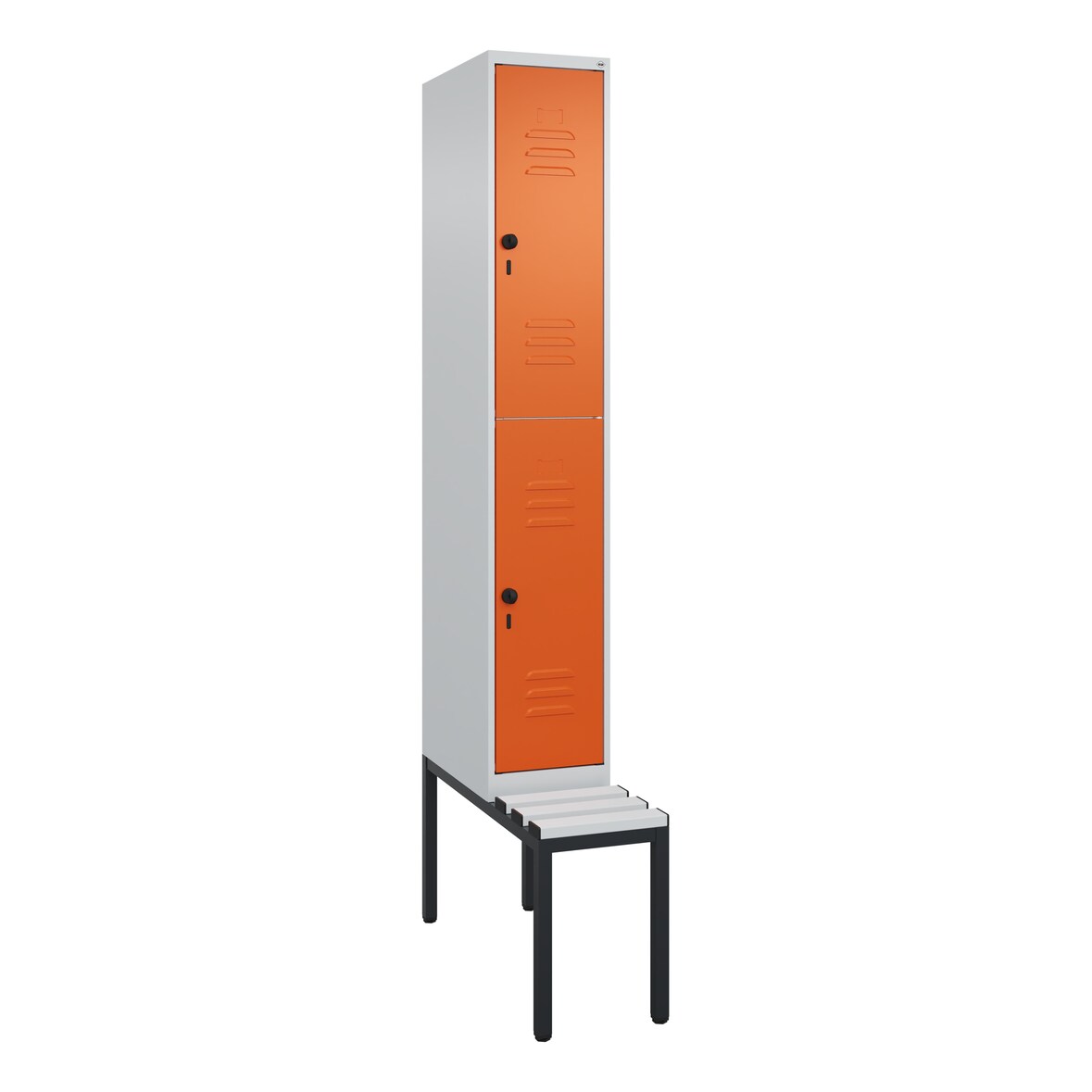 C+P Spind Classic PLUS, Kunststoff untergebaute Sitzbank, 2 Abteile, HxBxT 212x30x82cm, Sicherheitsdrehriegel, Hellgrau/Reinorange von PROREGAL