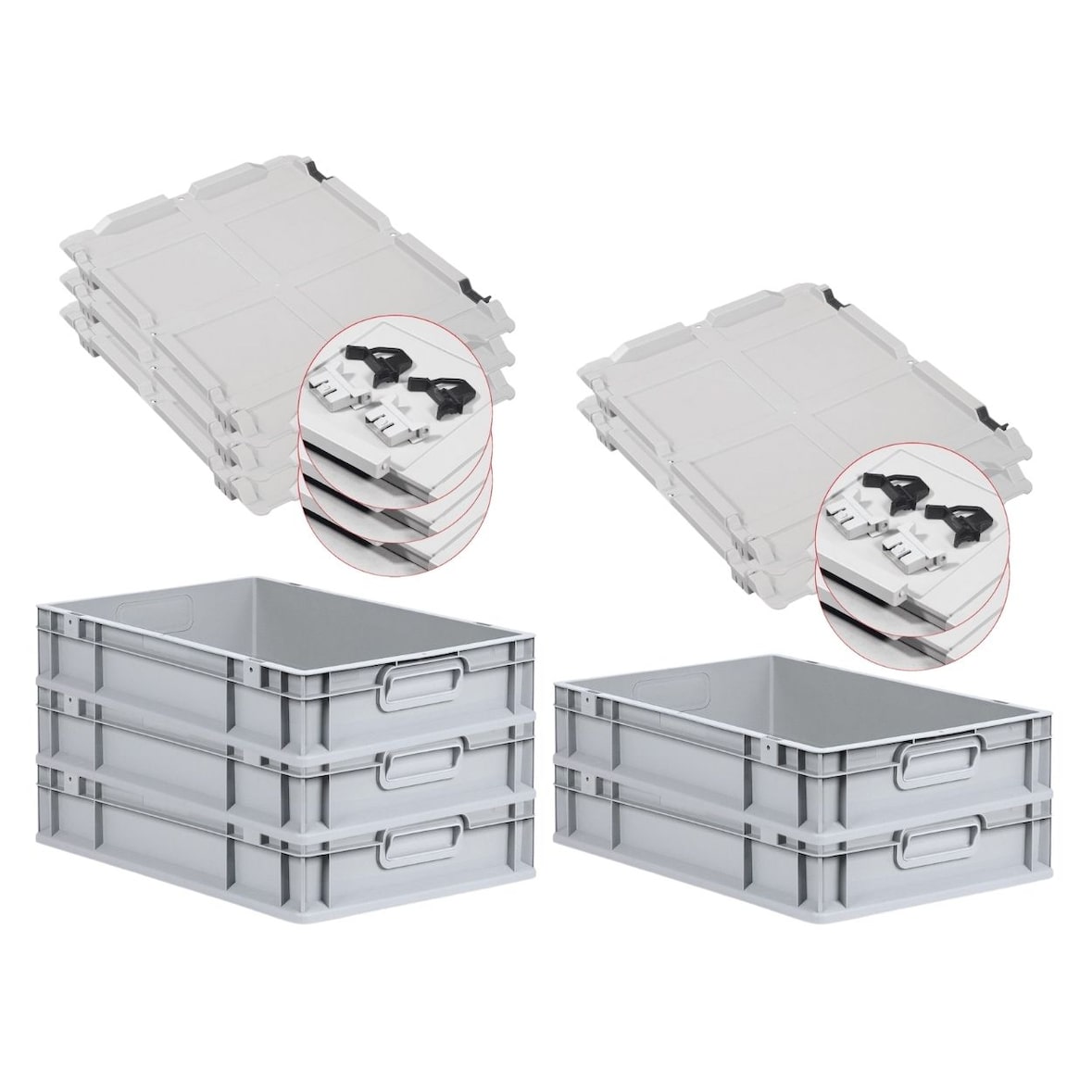 PROREGAL 5x Eurobox NextGen Grip mit Scharnierdeckel & schwarzen Verschlüssen | HxBxT 12x40x60cm | 23 Liter | Griffe geschlossen | Glatter Boden