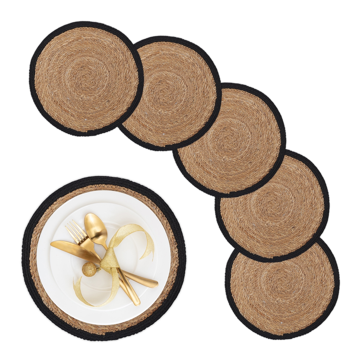 Relaxdays Tischset 6-teilig, für Esstisch, Wasserhyazinthe, Platzdecken, runde Telleruntersetzer, Ø 37 cm, natur/schwarz