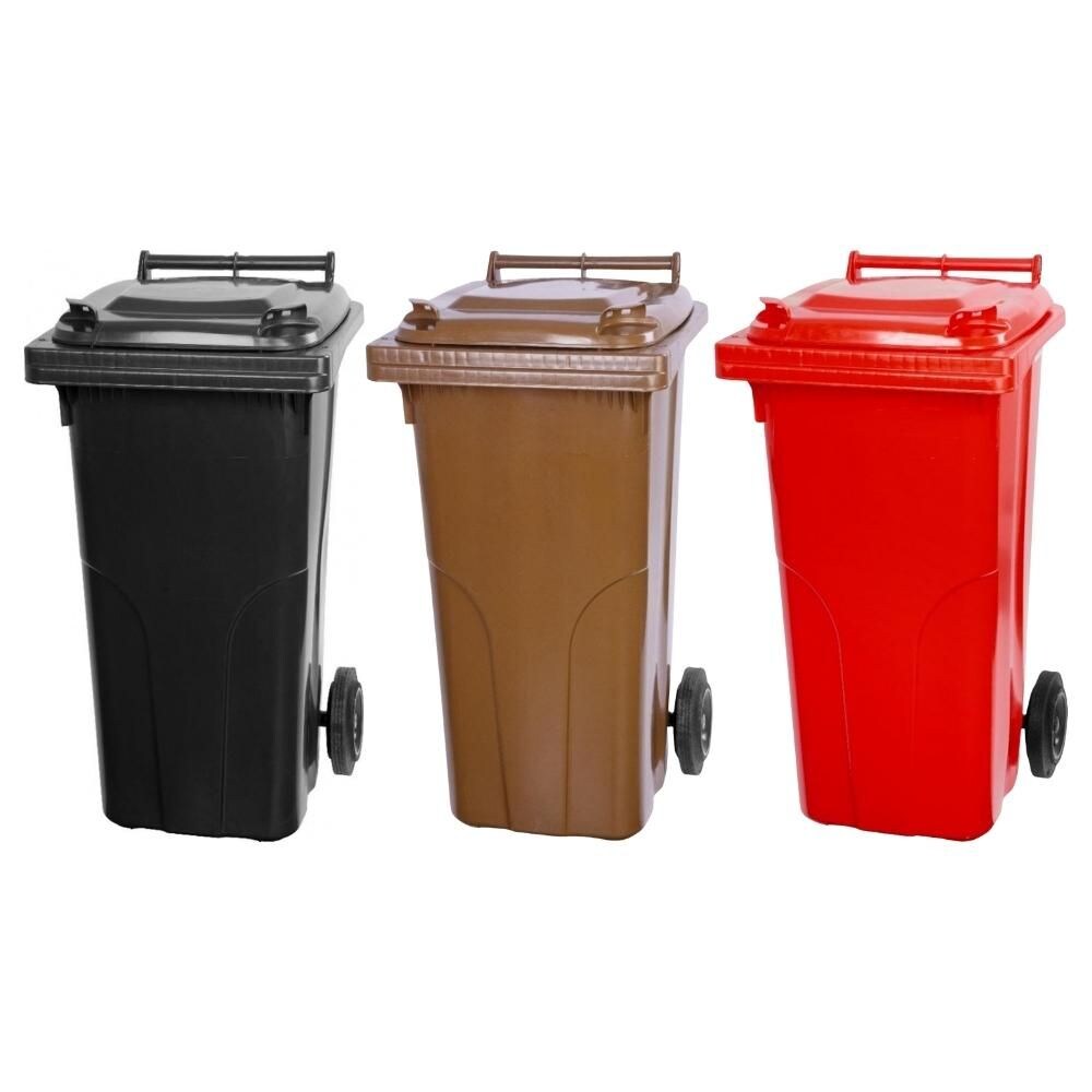 Mega Deal 3x PROREGAL 2-Rad-Mülltonne, 120 Liter Grau & Braun & Rot, Mülltonne, Müllgroßbehälter, Mülleimer, Abfalltonne, Müllbehälter