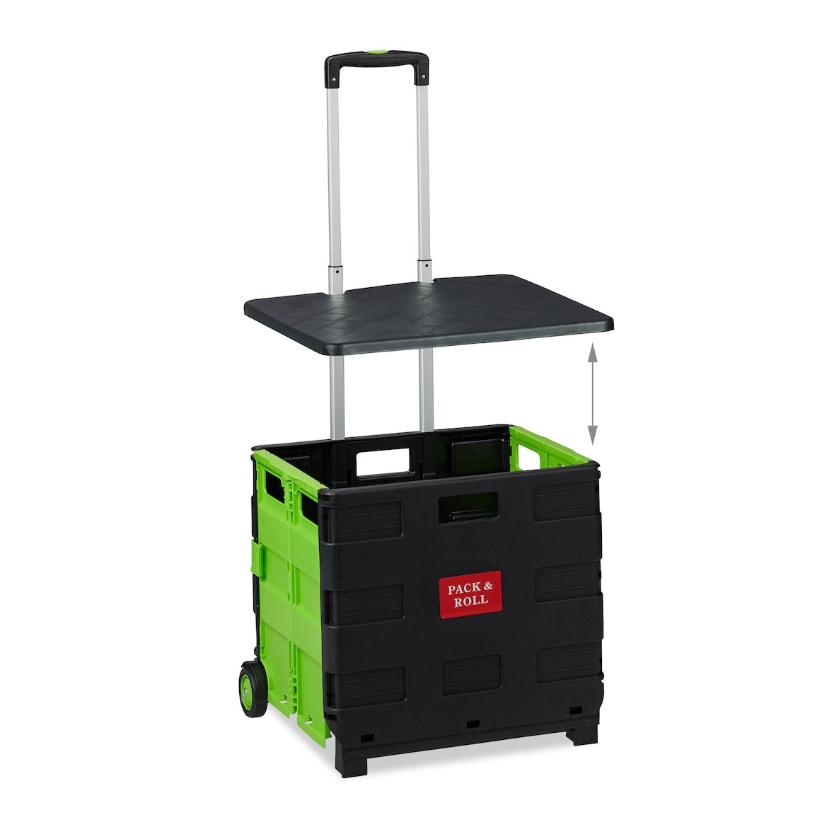 Relaxdays Einkaufstrolley klappbar, bis 35 kg, 50 l Kiste, mit Teleskopgriff, 2 Rollen, Transport Trolley, grün/schwarz