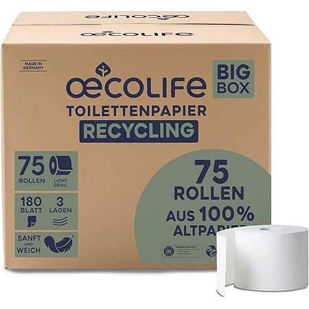 Toilettenpapier Box RECYCLING, 3-lagig, 75 Rollen x 180 Blätter, Großpackung für Gewerbe und Haushalt, Recyclingpapier