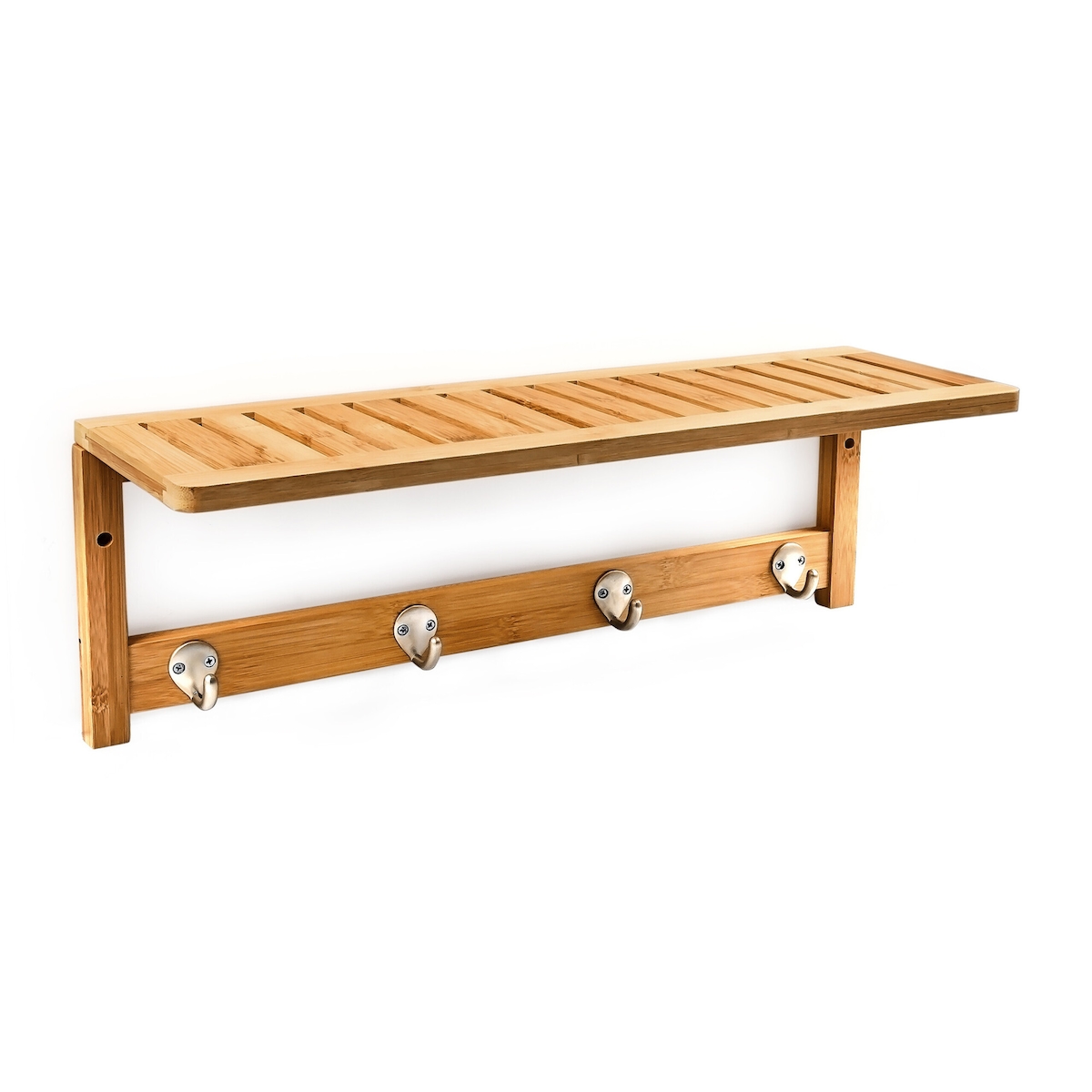 Relaxdays Wandregal mit Hakenleiste, HxBxT:18x50x16cm, 4 Haken, Ablage, Handtuchhalter, Bambus, Holz, natur