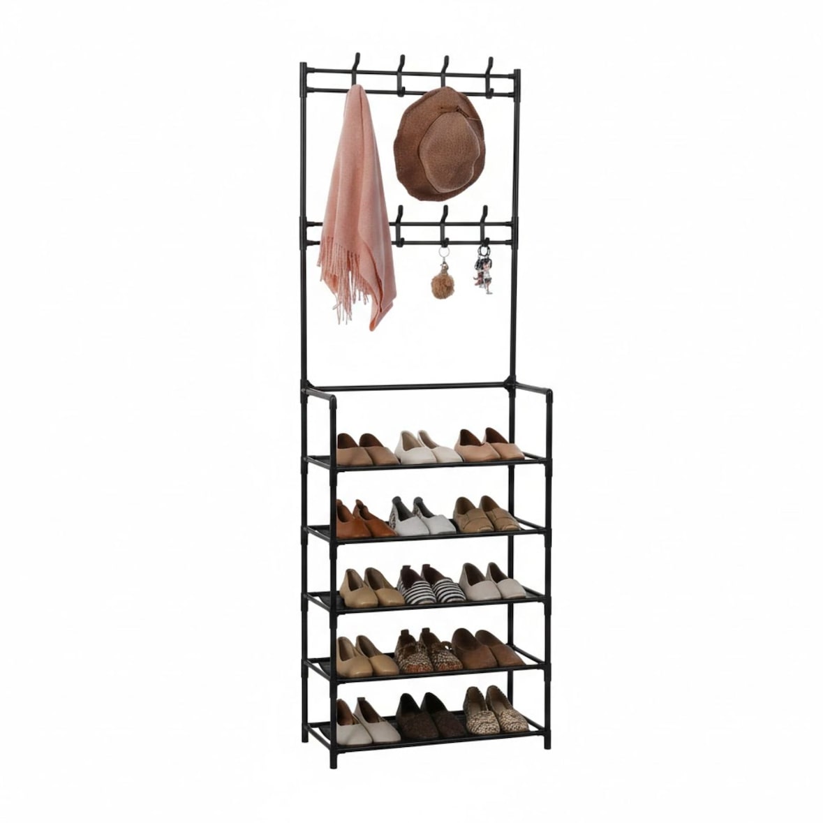 DASCK Movel Recibidor Cabideiro com Sapateira 5 Prateleiras | 60 x 26 x 173 cm | Preto