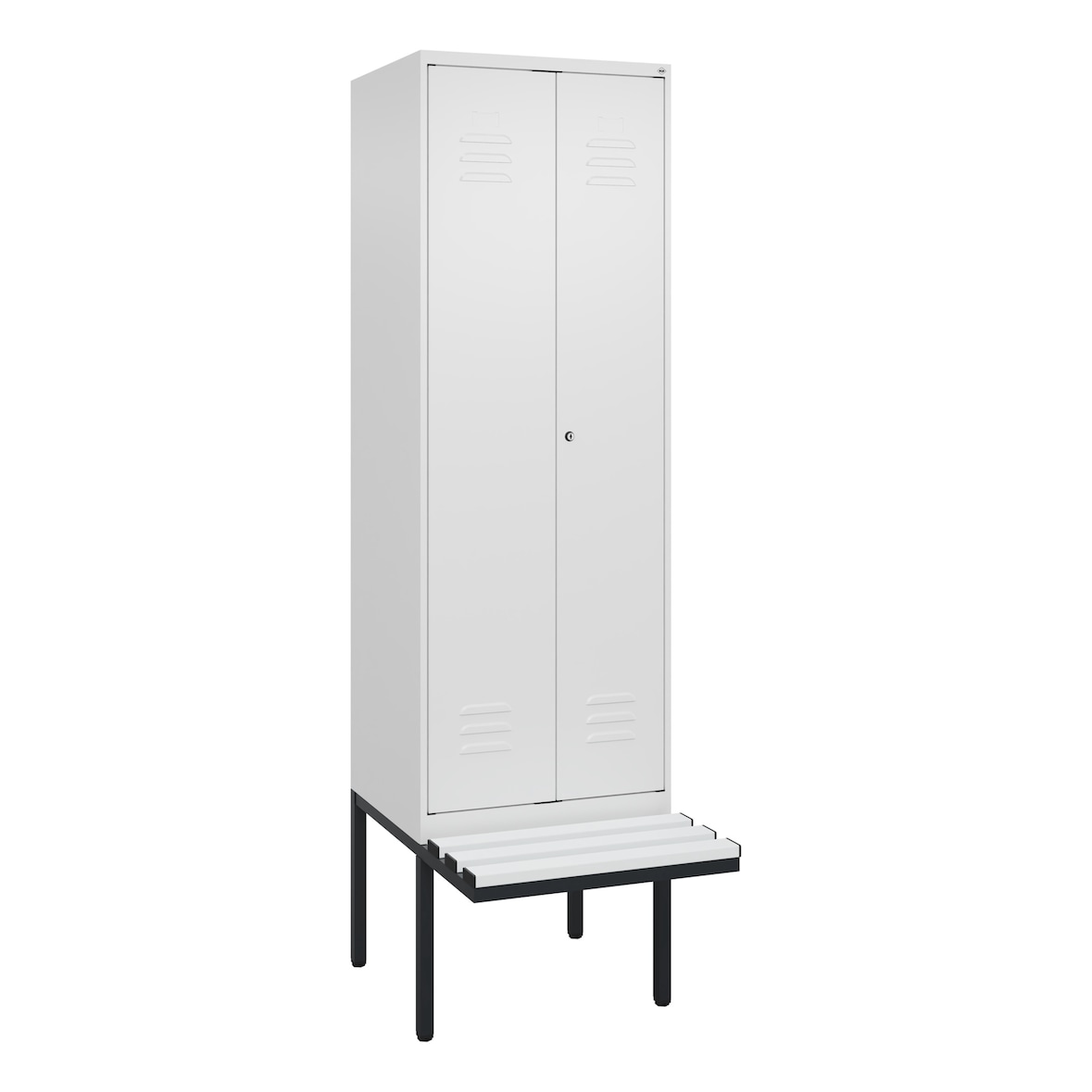C+P Doppel-Spind Classic PLUS, Kunststoff schwebende Sitzbank, 2 Abteile, HxBxT 212x60x82cm, Zylinderschloss, Verkehrsweiß von PROREGAL