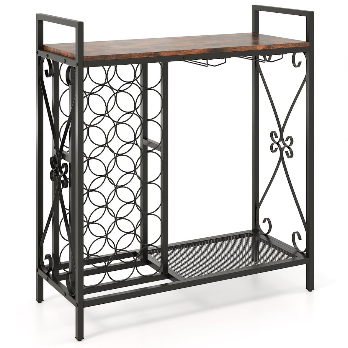 Helloshop26 - Wijnrek voor 21 flessen 93 x 38 x 102 cm met schuin glazenrek rustiek design bruin metaal en hout 20_0011053