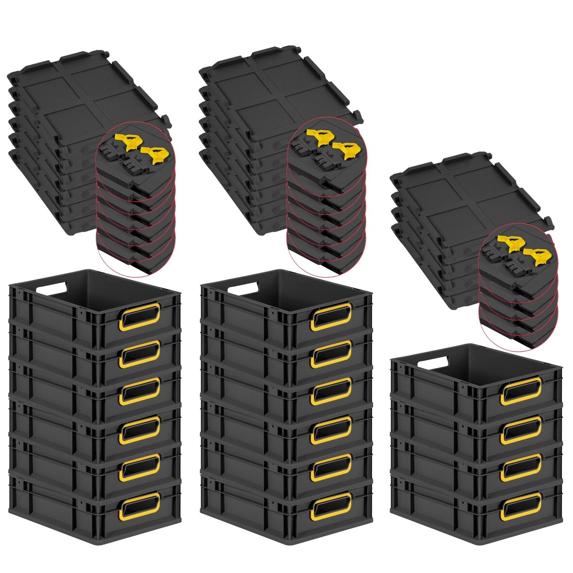 PROREGAL SuperSparSet 16x Eurobox NextGen Color mit Scharnierdeckel & Verschlüssen, HxBxT 12x30x40cm, 11L, Schwarz, Griffe gelb offen, Eurobehälter