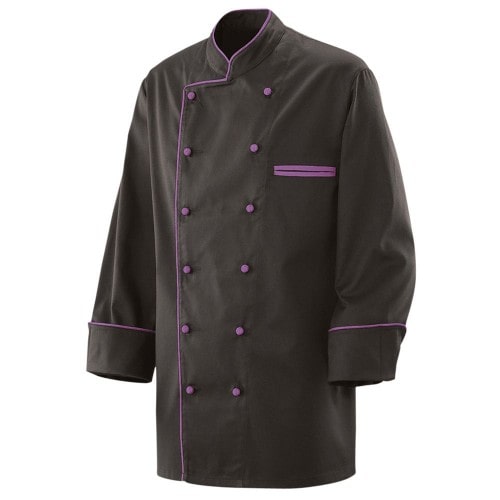 207 - Kochjacke schwarz langarm mit Paspel in verschiedenen Farben : purple 65% Polyester 35%Baumwolle 220 g/m² L