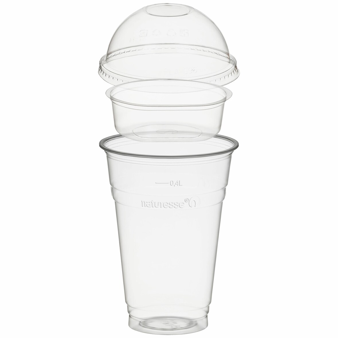 50x BIO Trinkbecher 400ml + Domdeckel ohne Loch + Einsatzbecher O 96mm (PLA)