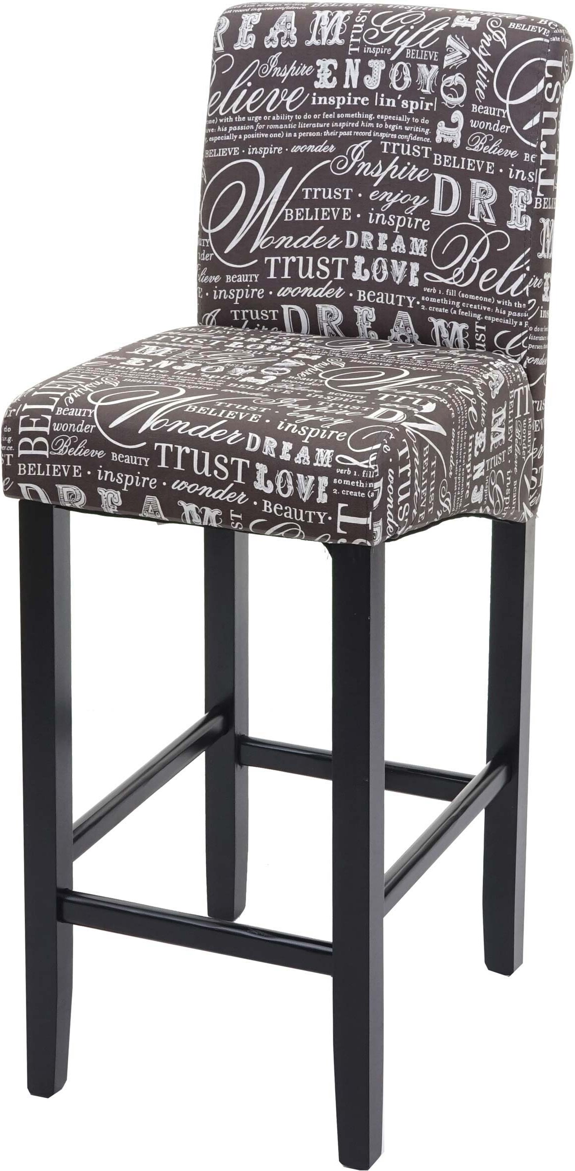 Barhocker gepolstert mit Lehne | Sitzhöhe 75cm | Holz MVG-zertifiziert | Schriftzug | Grau | dunkle Beine | Stoff/Textil | Barstuhl Tresenhocker