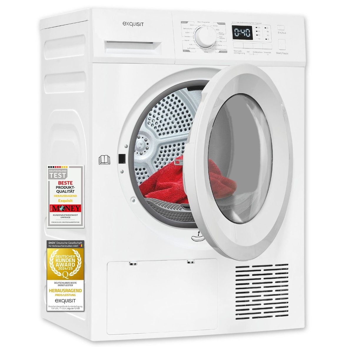 Exquisit Wärmepumpentrockner 8 kg, 16 Programme, LED-Innenbeleuchtung, Knitterschutz, Kindersicherung, Startzeitverzögerung, TWP803-031D weiss