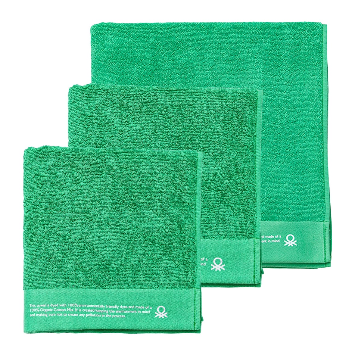 Benetton - Conjunto de toalhas de banho (70x140cm + 2 50x90cm) em algodão orgânico 450gsm verde