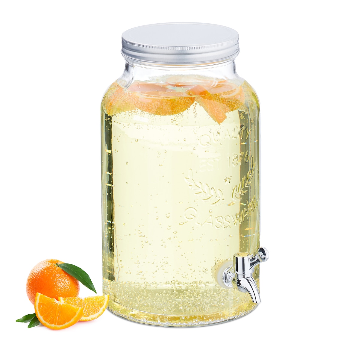 Relaxdays Getränkespender, Limobehälter 5L, Vintage-Design, Zapfhahn und Deckel, Wasserspender, aus Glas, transparent