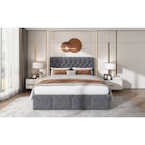 thumbnail of Bett 180x200 mit hohem Kopfteil, Stauraum und Bettkasten Europäisches Design mit Nietendekor Elegantes Doppelbett mit 108 cm Rückenlehne Grau
