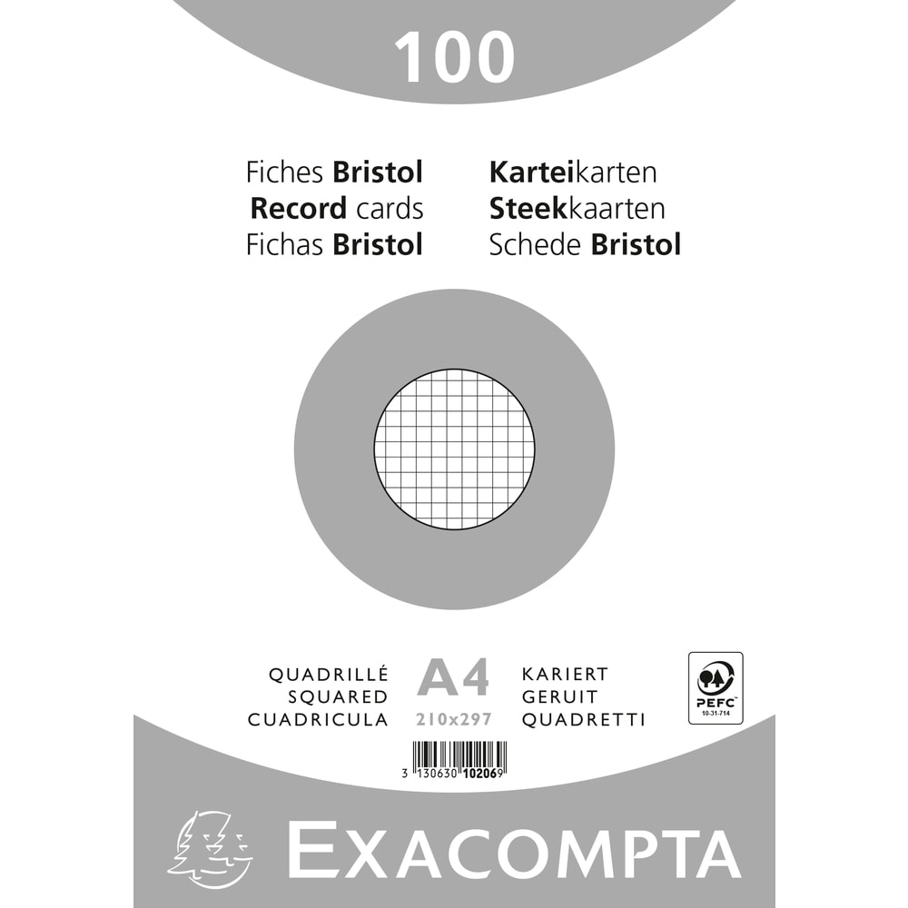 EXACOMPTA Sachet de 100 fiches bristol (sous-film) non perforées 210x297mm (A4) quadrillées 5x5 Blanc