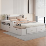 thumbnail of Merax Massivholz-Kombi-Bett 140*200cm, Kopfteil mit eingebautem Staufach, mit Schubladen, mit Nachttisch, mit Stauraum-Langschrank, weiß