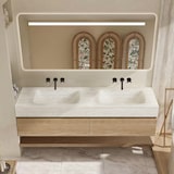thumbnail of 【RW4822-130BKK】Waschbecken Doppelspüle Spüle mit zwei Becken Waschbecken Set Spüle ohne Armaturenloch Keramik mit LED-Spiegel, Ablageplatte, Schrank