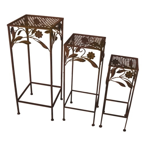 Hocker Set 3tlg. Gartendeko Eisenhocker Pflanzenständer Blumenhocker Antik Braun : Braun