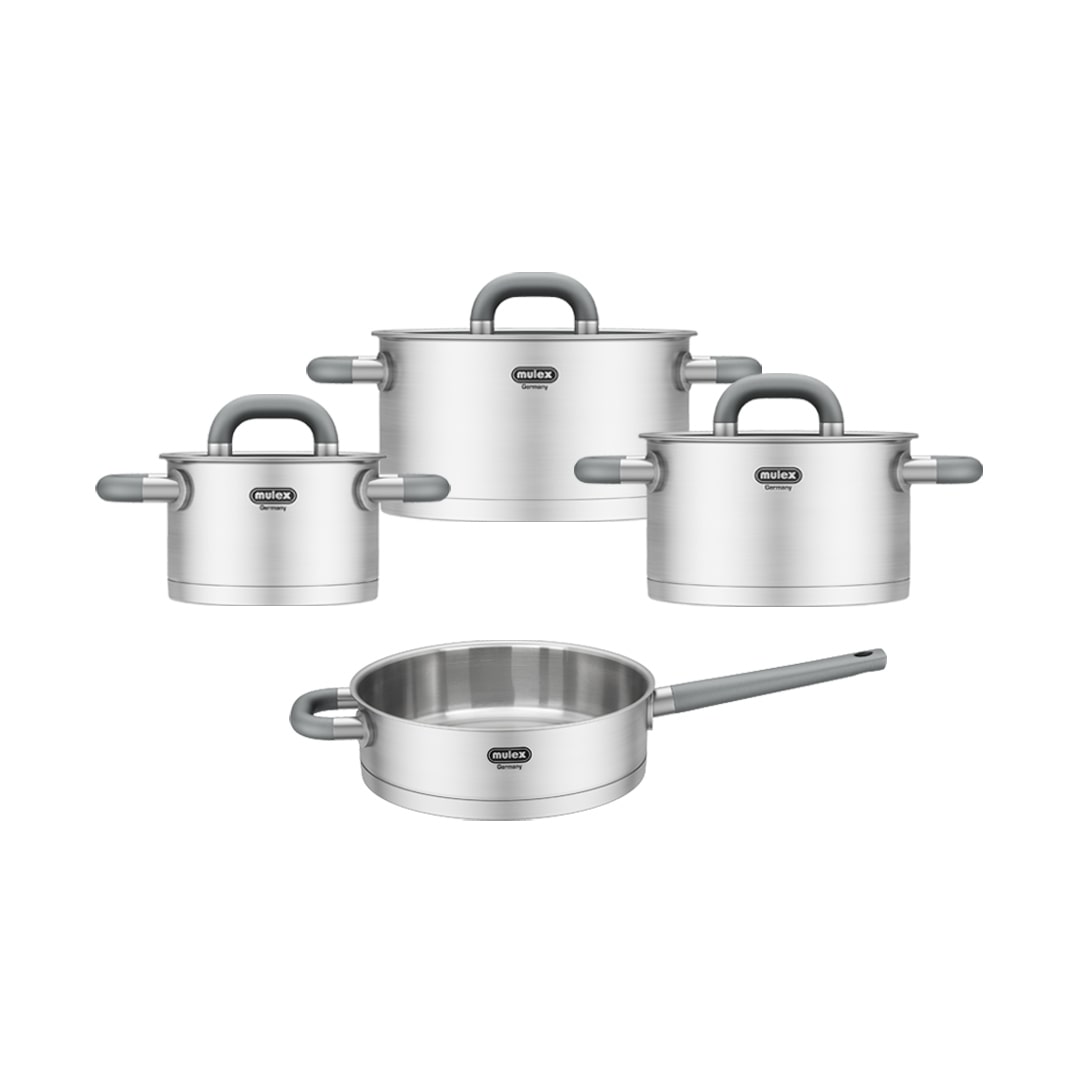 Mulex, Topfset LUGANO aus Edelstahl 6-teilig, + Stielpfanne, für alle Herdarten, mit Deckel, Induktions Töpfe Set