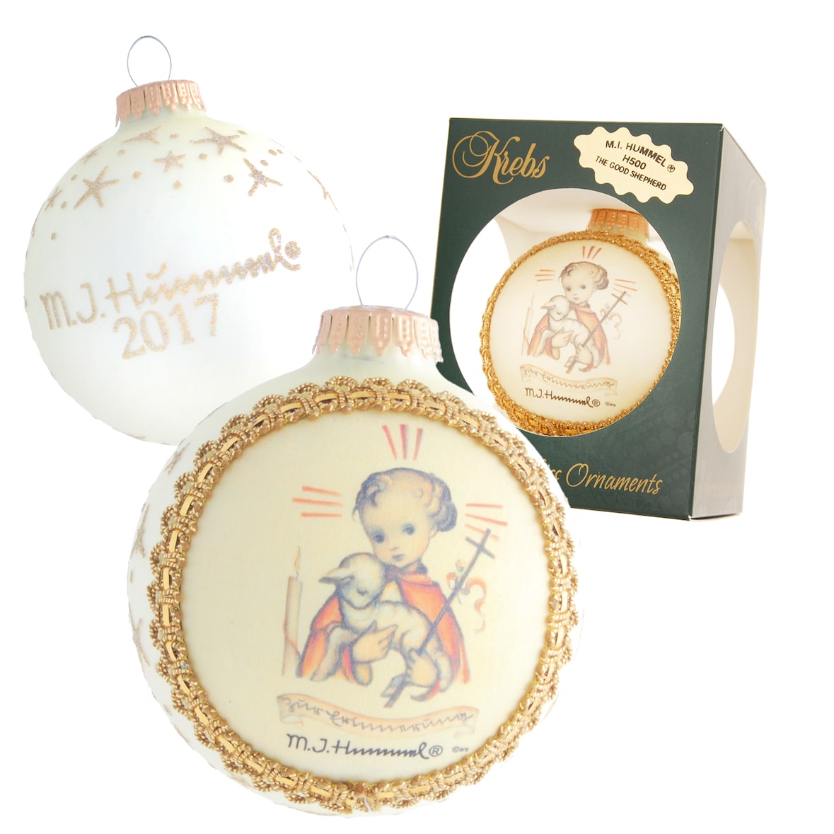 Hellgold matt 8cm Glaskugeln M.I. Hummel, "Der gute Hirte", Handdekoration mit Seidenbild und Borde (1 Stück)