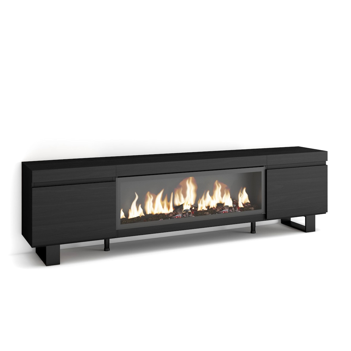 TV-Meubel, Lowboard, Woonkamer, Eetkamer, 208x35x57cm, Voor tv's tot 80", Elektrische haard XXL, Industrieel design, Moderne stijl, Zwart _ 412_22
