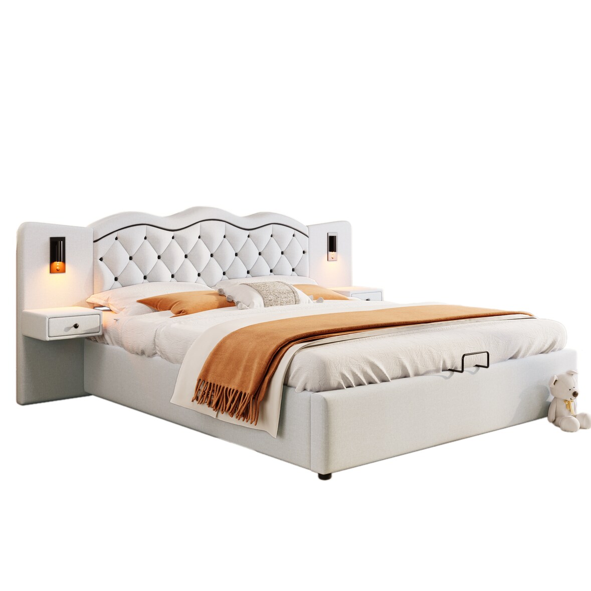 Gepolstertes Flachbett 180x200 mit hydraulischem Stauraum, USB-Ladeanschlüsse, Nachttische, modernes Design, komfortabel, Beige