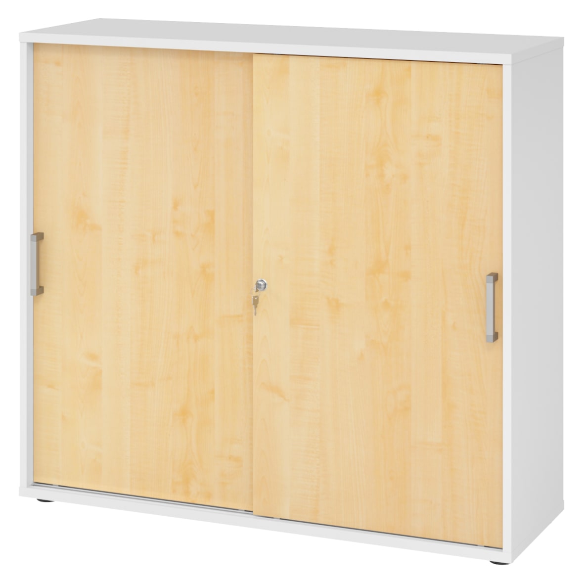 bümö Schiebetürenschrank 3OH - Aktenschrank abschließbar, Sideboard Schrank mit Schiebetüren in Weiß/Ahorn, Chromgriff - Büroschrank aus Holz mit
