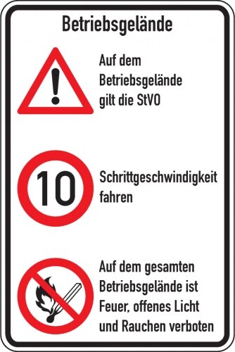 Schild I Kombischild Betriebsgelände, STVO und 10 km/h + Feuer offenes ...