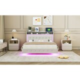 thumbnail of Merax Polsterbett 140*200, mit USB-Steckdose und LED-Licht, verstecktes Fußdesign, Doppelflachbett, Leinenstoff beige