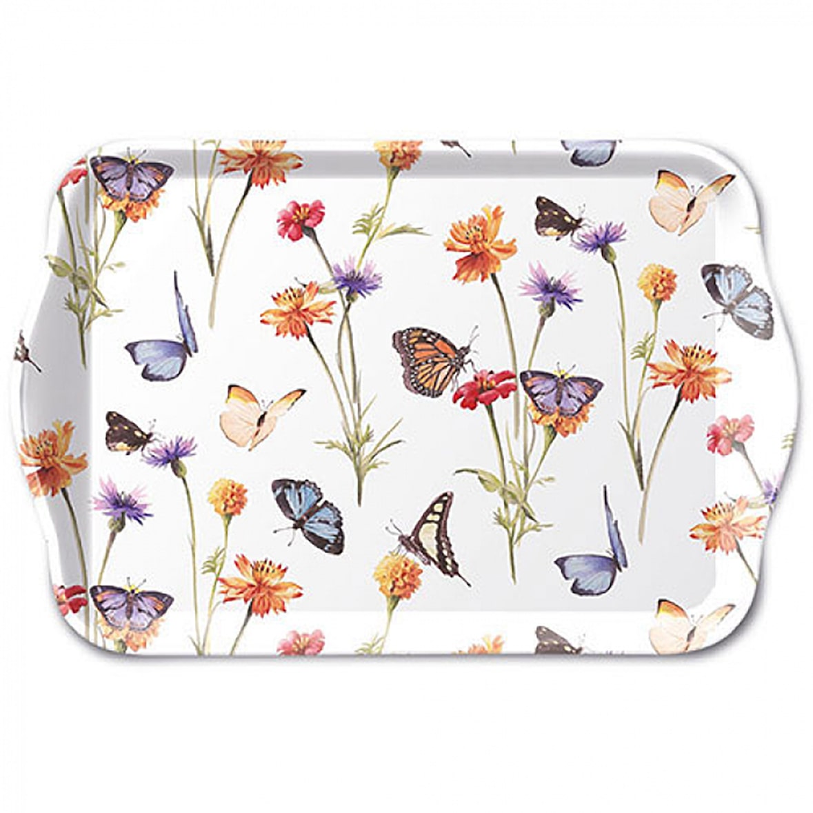 Tablett Melamin 21x13cm mit Schmetterlinge & Blumen Motiv  - kleines Serviertablett Frühstückstablett Tischdeko Frühling Sommer Dekotablett Weiß Bunt