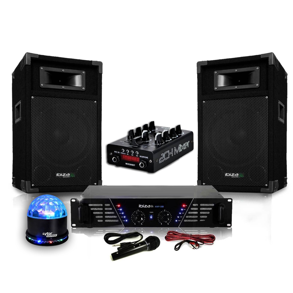 Pack Sono DJ-MIX500-BT ampli + enceintes 500W + Table de mixage USB Bluetooth + SUNMAGIC LED RVB