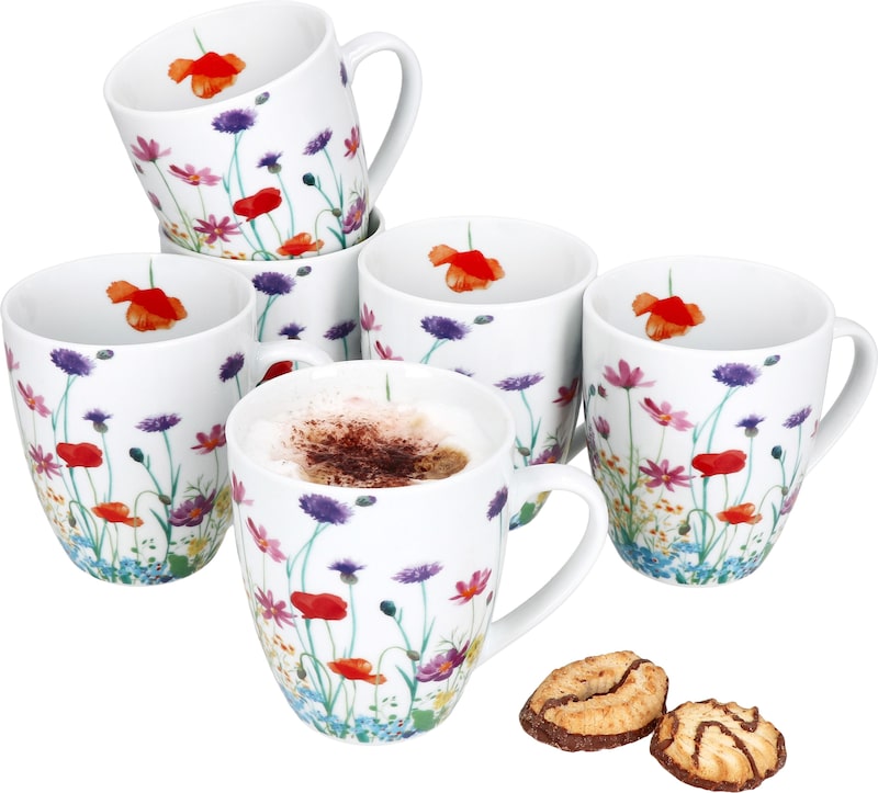6er Set Marie Kaffeebecher 320ml Porzellan-Tassen 6 Personen Blumen Tee Kakao