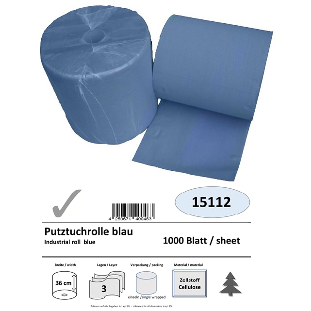 Putztuchrolle, 3-lagig, 36 cm x 1000 Blatt, blau, Zellstoff verklebt, 1 Rolle/Pack