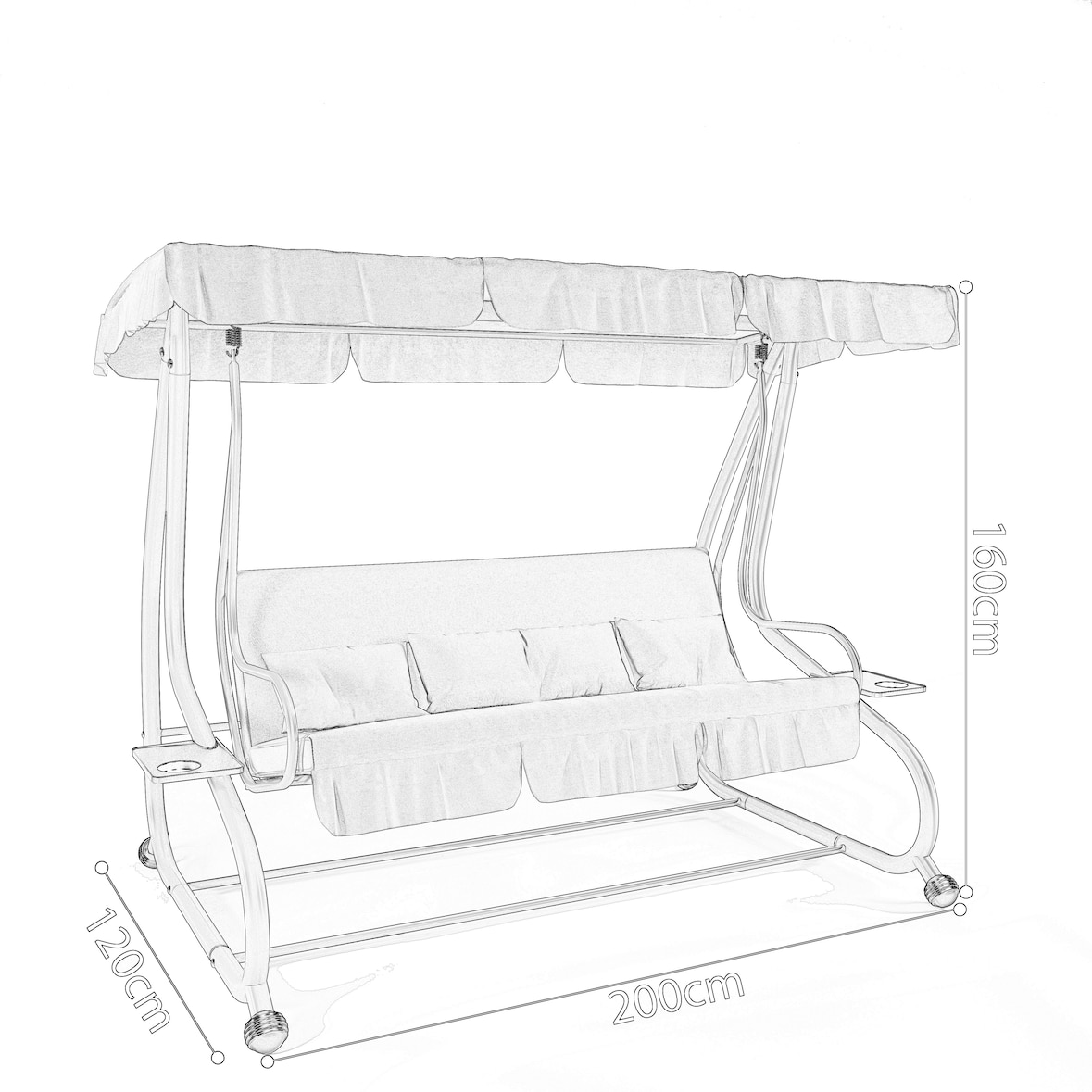 Dondolo 3 Posti Reclinabile Tettuccio Parasole Regolabile Cuscini Imbottiti Diventa Letto Struttura Robusta In Acciaio 200 x 120 x 160 cm Beige