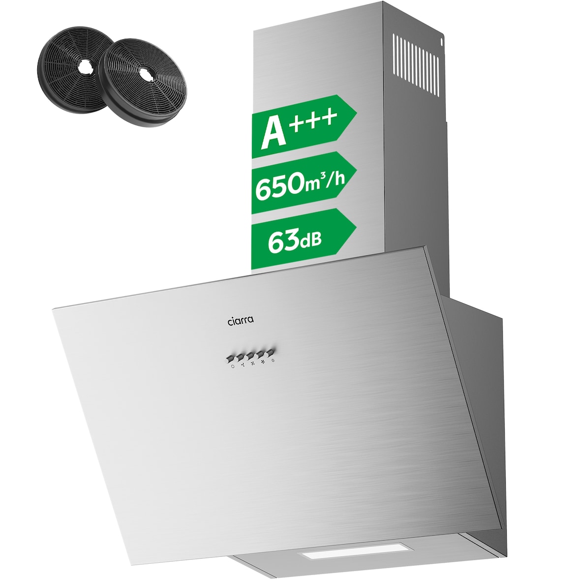 CIARRA Campana extractora A+++ 650 m³/h campana extractora inclinada de 60 cm con cabezal abierto LED VMS6762A