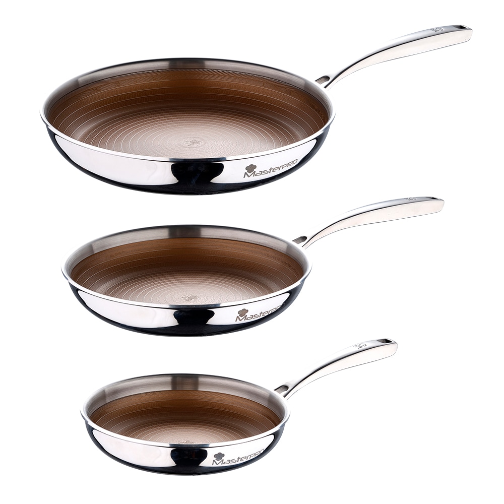 MASTERPRO Set 3 padelle 20+24+28cm multistrato in acciaio antiaderente per induzione con manico ergonomico linea Giro3 Gold