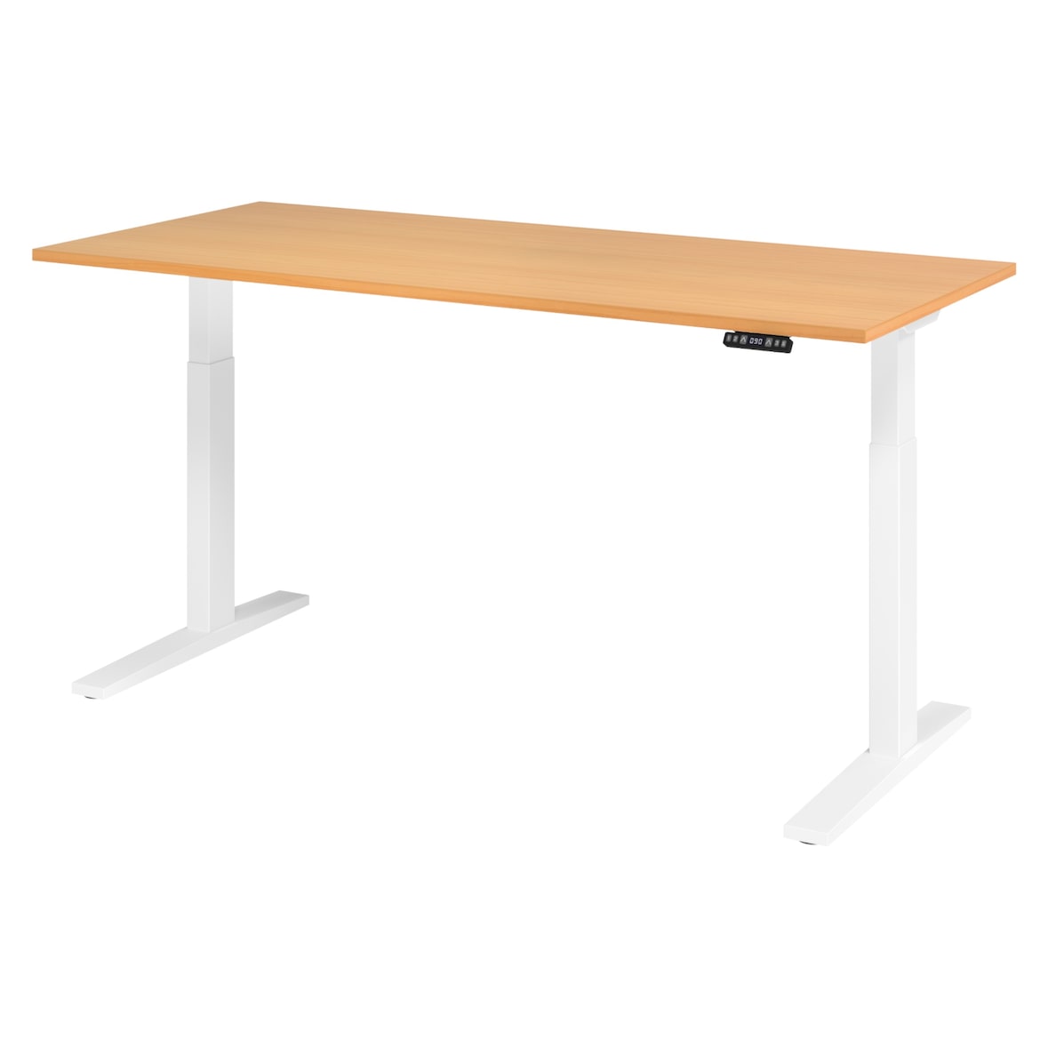 bümö elektrisch höhenverstellbarer Schreibtisch 180x80 cm in Buche, Gestell weiß - Sitz & Stehschreibtisch mit Memoryfunktion, elektrischer Stehtisch