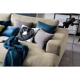 thumbnail of Sofá grande KAWOLA XL MADELINE con bandeja de madera natural para reposabrazos, tela blanca crema