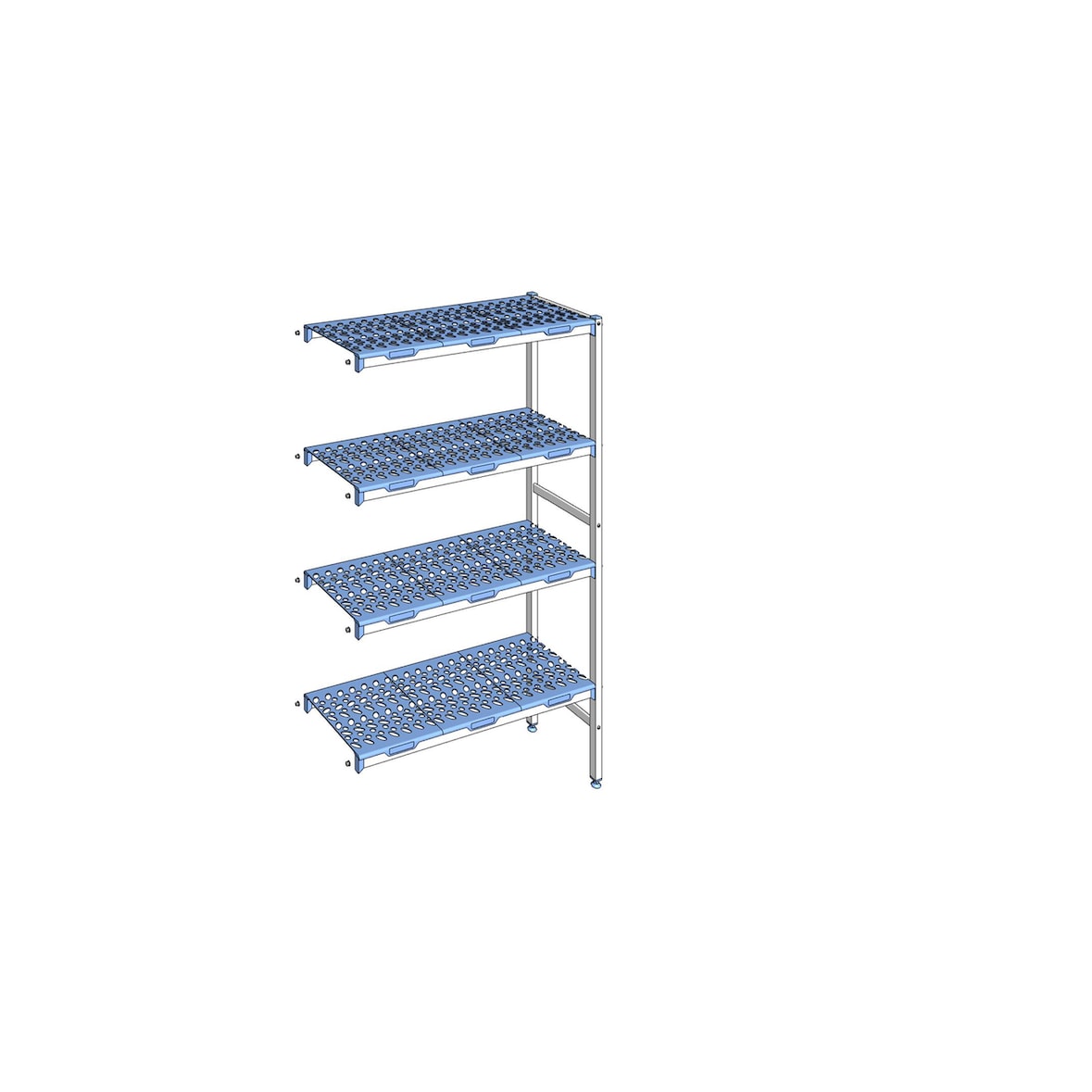 Alu Tournus-aanbouwlegbord met geperforeerde kunststof panelen: 1051mm lang, 40 mm diep, 1750mm hoog, 4 niveaus Draagvermogen:200 kg/niveau
