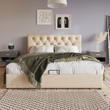 thumbnail of Polsterbett 140x200 cm mit verstellbarem Kopfteil und hydraulischem Stauraum – modernes Design in natürlichem Leinen