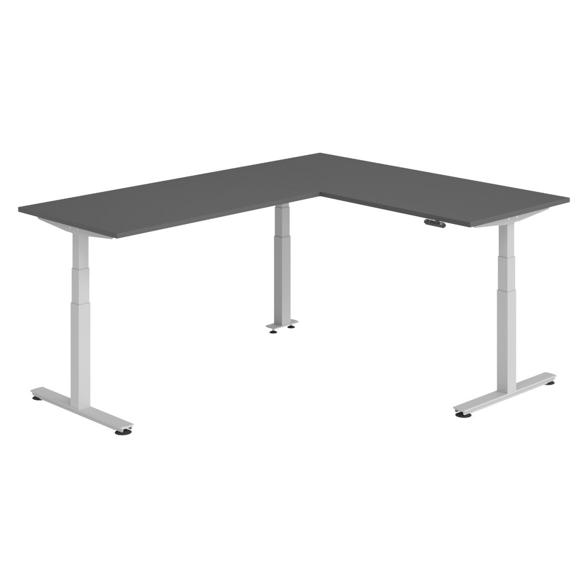 bümö Eckschreibtisch elektrisch höhenverstellbar L-Form: 180 x 240 cm in graphit, Gestell silber - Stehschreibtisch mit Memory-Steuerung,