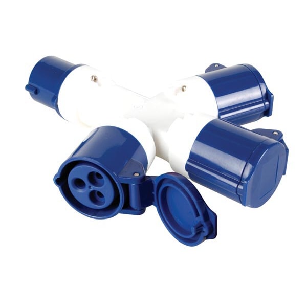 Répartiteur 3 voies, 16 A/230 V, 3500 W, CEE vers 3 x CEE, usage intérieur et extérieur, ABS, bleu