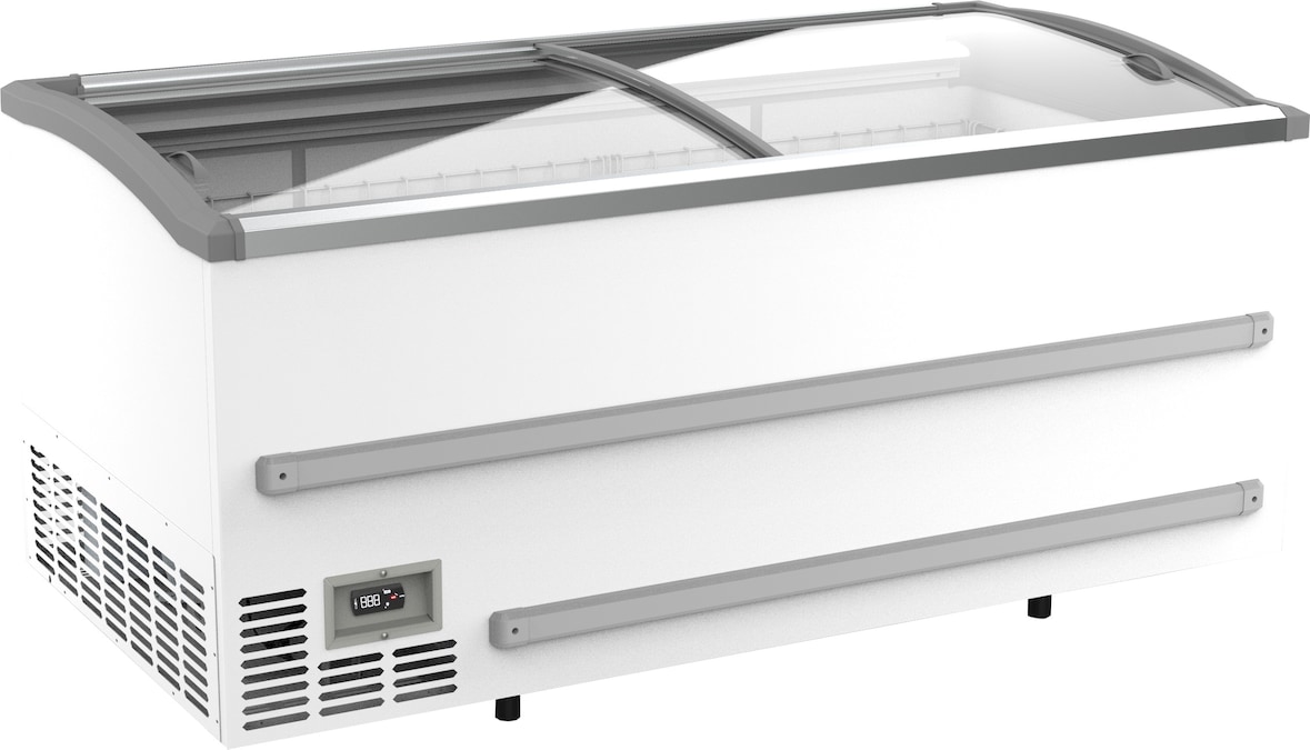 Supermarkt Tiefkühltruhe EMDA | 2x Glasschiebedeckel + LED | 870 Liter, HxBxT 89,4x187,9x95,2cm | -18/-23°C | Weiß | + CHEFGASTRO Geschirrtuch