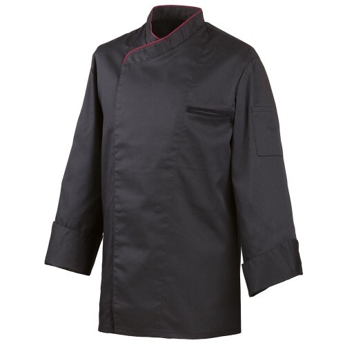 212 - Kochjacke langarm, mit Druckknöpfen, Fb. schwarz, mit farbiger Paspel : bordeaux 65% Polyester 35%Baumwolle 220 g/m² M