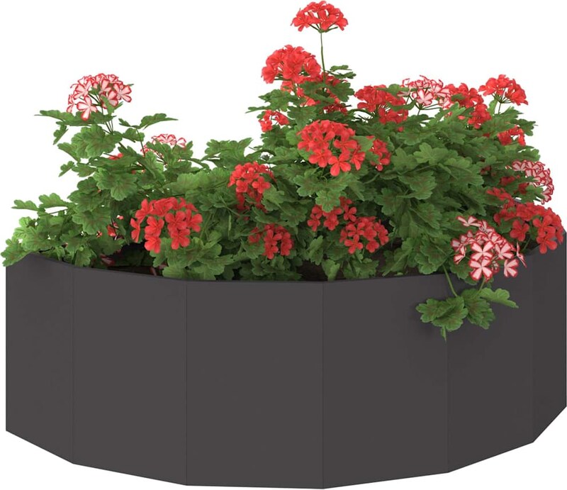 Ein Blumenkasten mit roten und rosa Geranien.