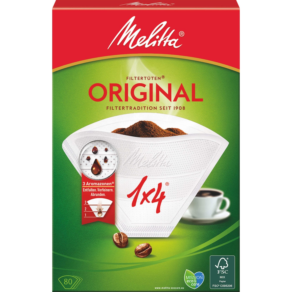 Melitta Filtertüten, mit 3 Aromenzonen, Aroma 1 x 4, weiß, 80 Sück