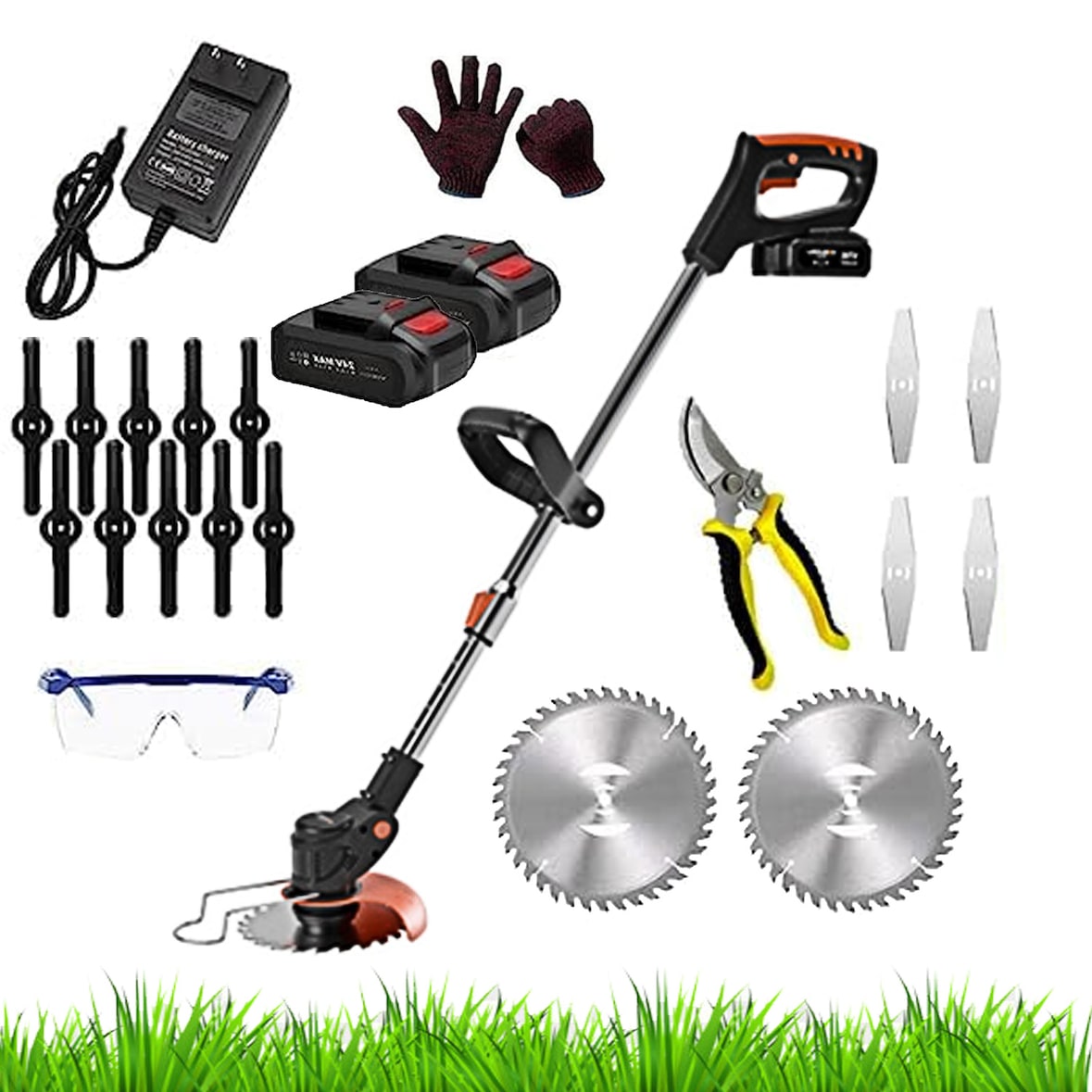 Decespugliatore A Batteria Tagliabordi Elettrico Asta Regolabile Senza Fili Con Lame 2 Batterie Testa Regolabile 90° Tagliaerba 24V Occhiali E Guanti