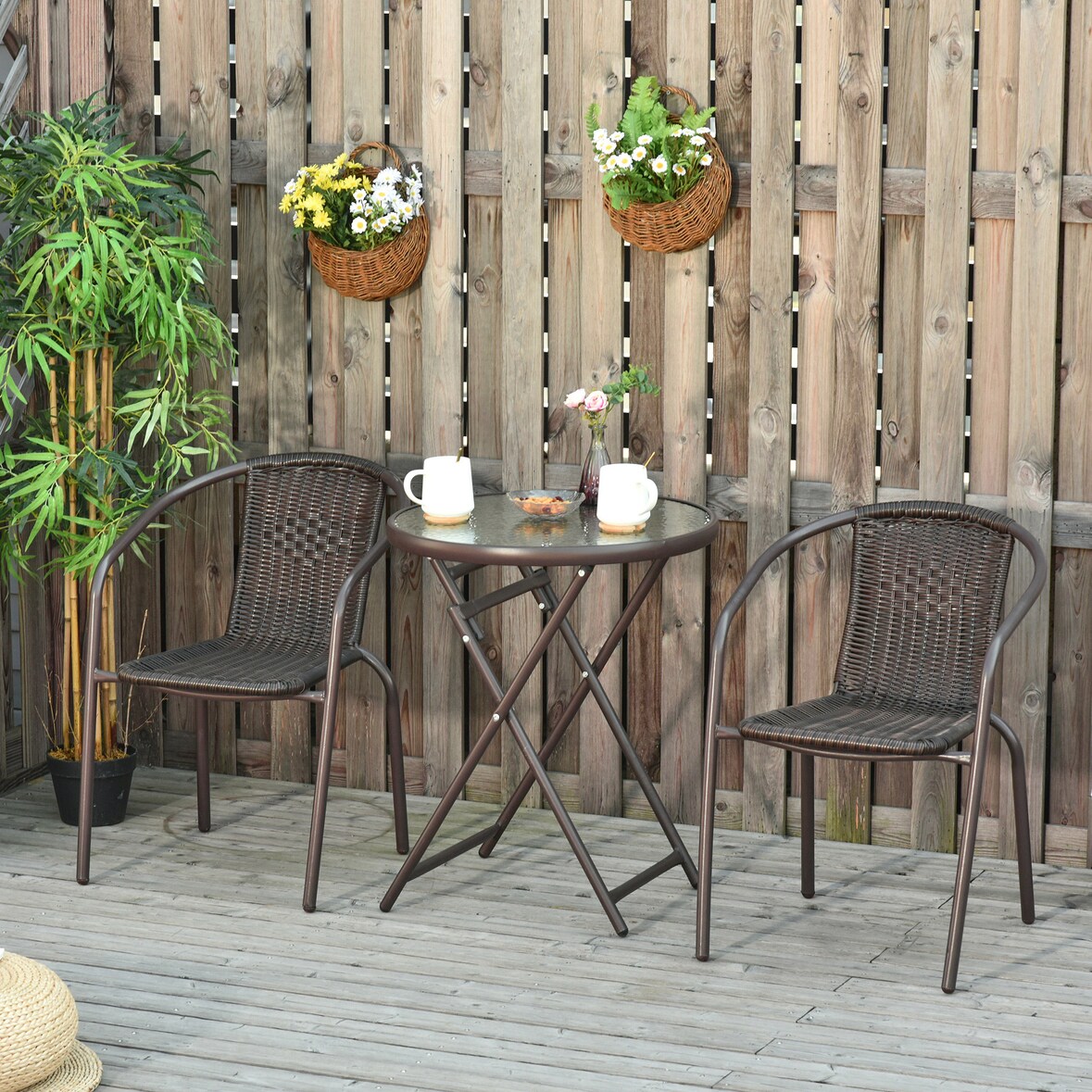 Outsunny Set Tavolo Pieghevole e 2 Sedie da Giardino Acciaio e Rattan